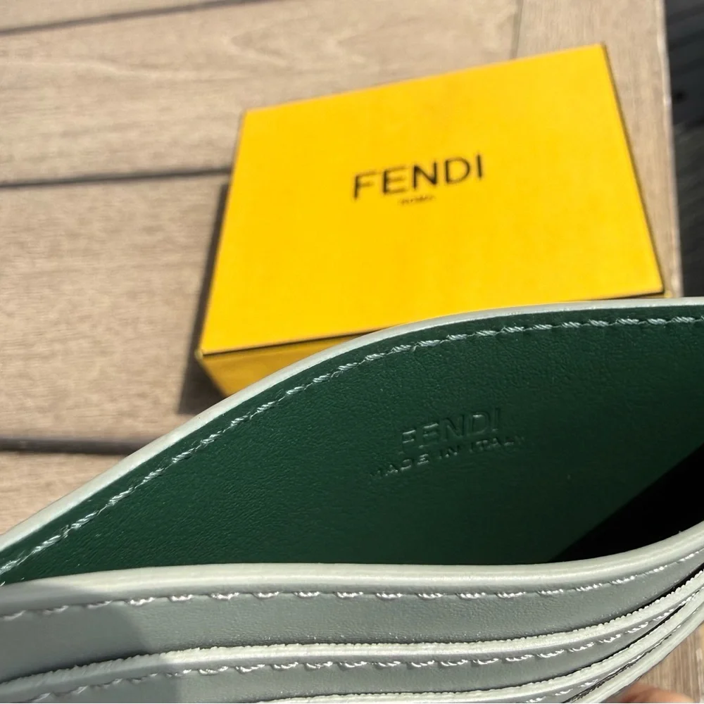 Fendi Green & Light Gray Leather Card Case with Gold FF Emblem - Picture 7 of 7
